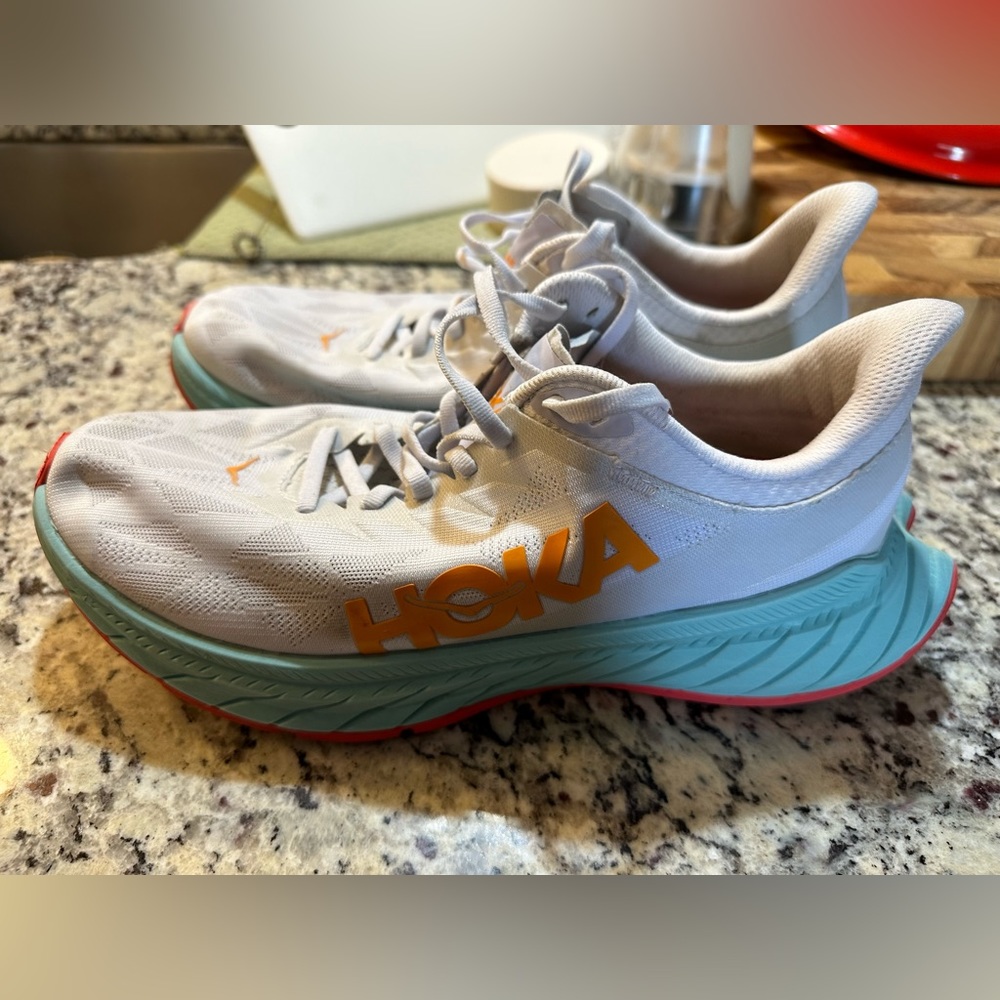 Hoka One Carbon X2. Used but still have life left! White Light Blue and Orange.